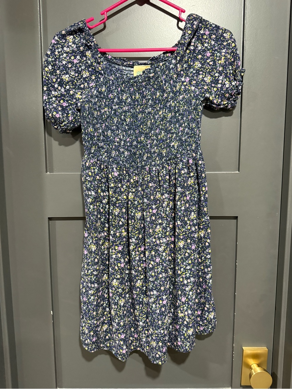 Girls Navy Floral Smocked Puff Sleeve Casual Dress